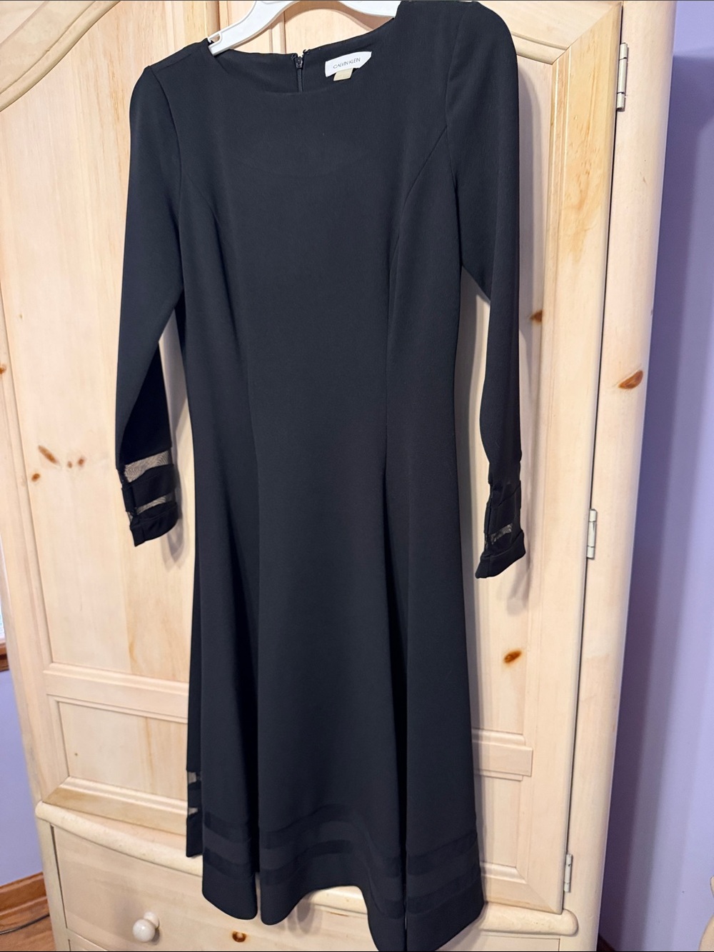 Calvin Klein Black Midi Dress with Sheer Sleeve & Hem Panels